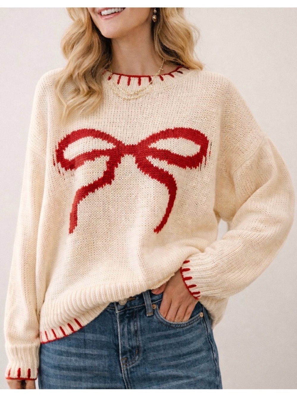 Cupshe Women's Cream Knit Sweater with Red Bow Detail